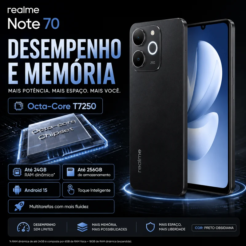 Realme Note 70 com processador de 8 núcleos, 8 GB de RAM e 256 GB