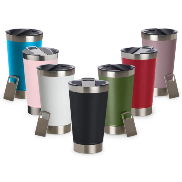 Copo térmico inox com tampa e abridor, em várias cores