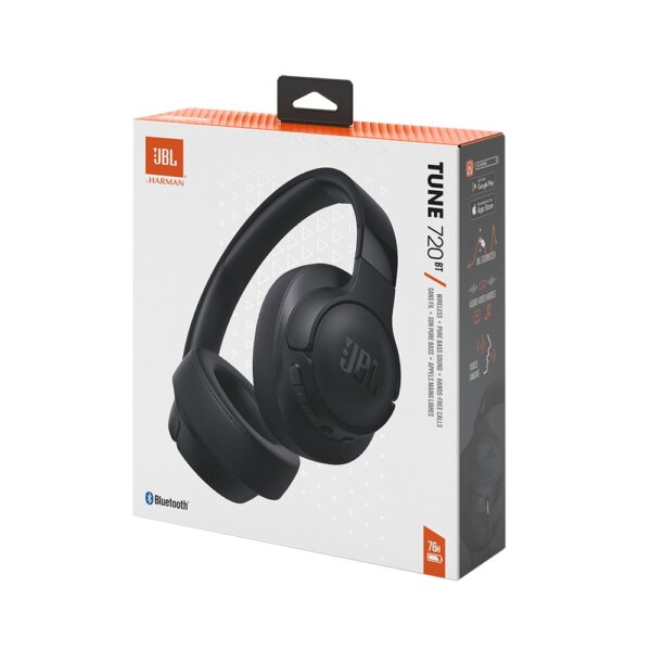 Fone de ouvido sem fio JBL Tune 720BT preto ao lado da caixa