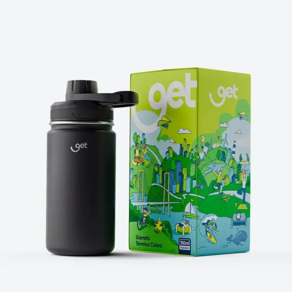 Garrafa térmica Get Colors 350ml preta ao lado da caixa