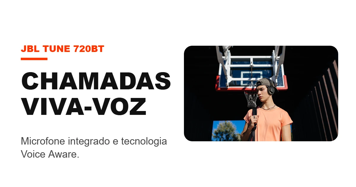 Pessoa usando o fone JBL Tune 720BT em chamadas com viva-voz e Voice Aware